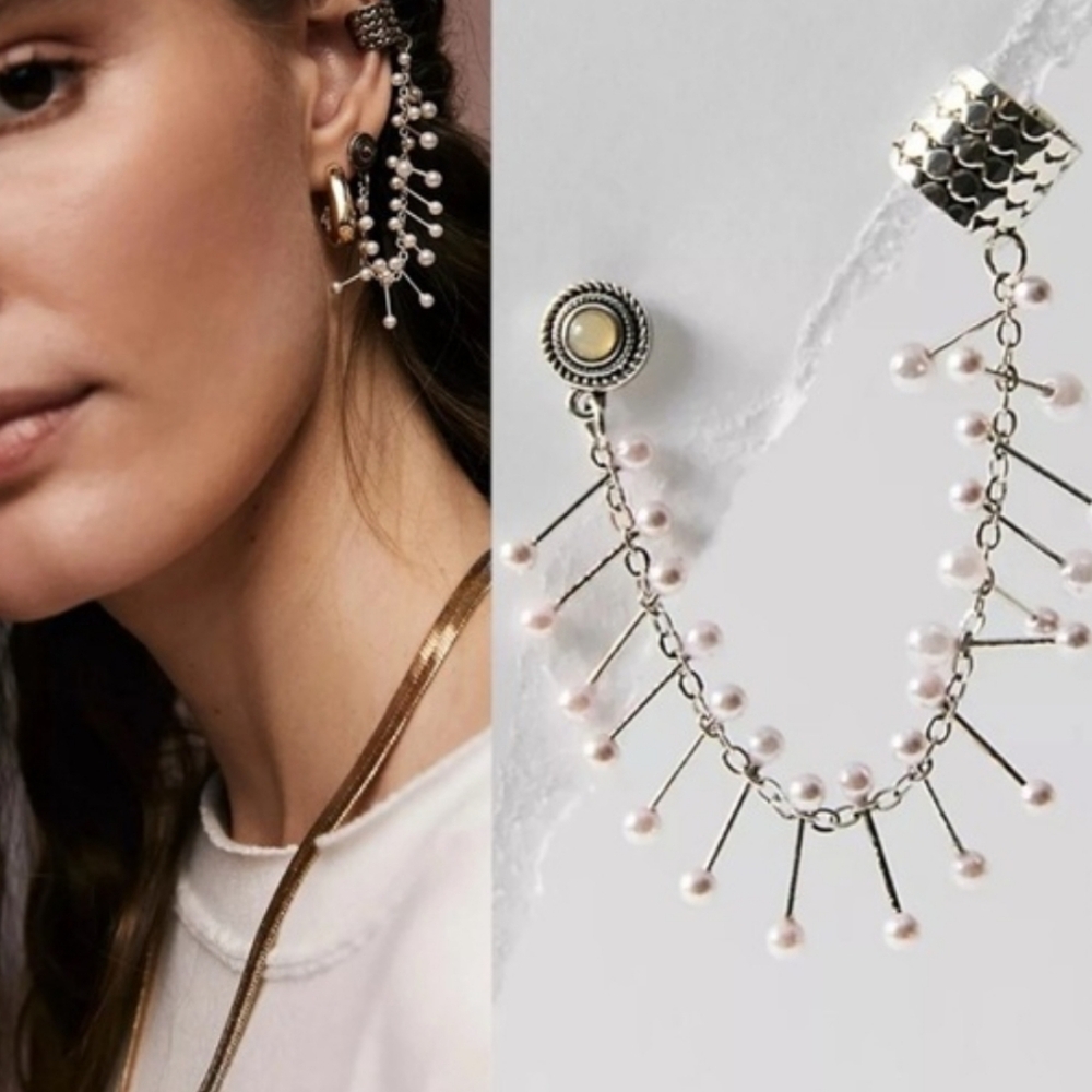 Free People Ear Party Finders Keepers Ear Cuff Earring Silver Pink Pearl NWT